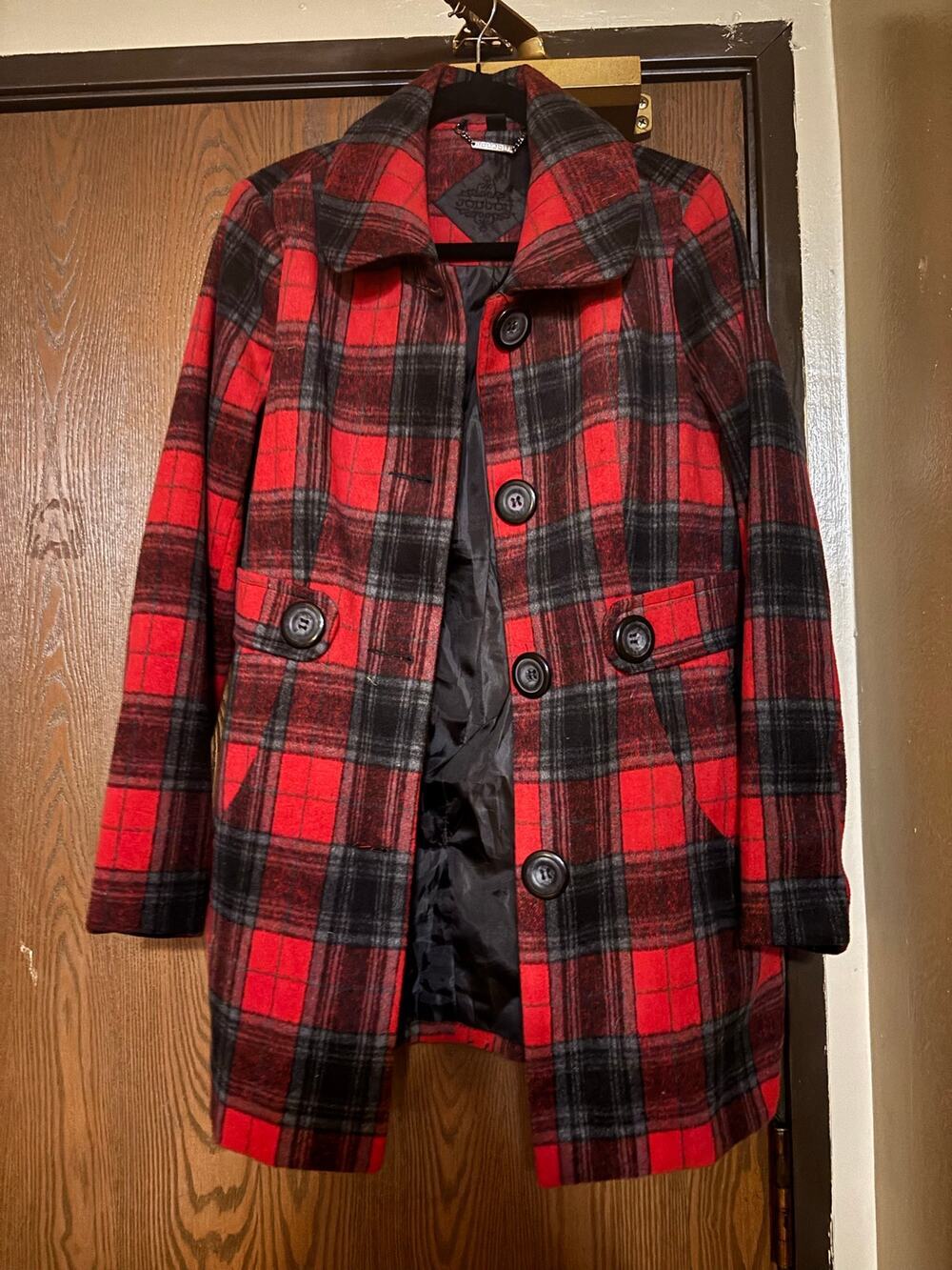 Red Plaid Tartan Fall/Winter Preppy Outerwear Collared Trench Pea Coat